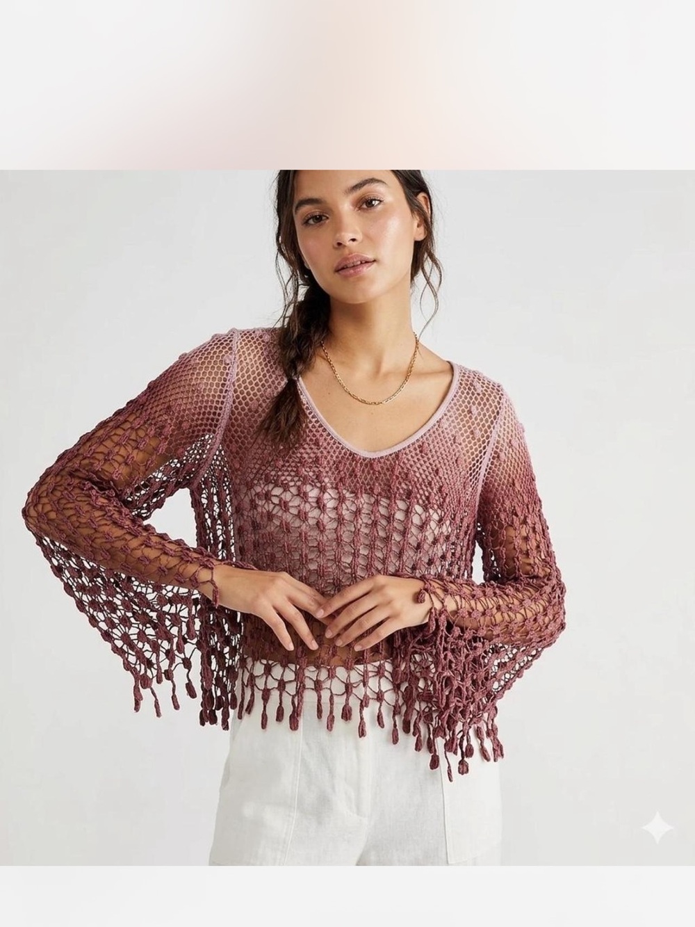 Free People Navy Open-Knit Crochet Fringe Camisole